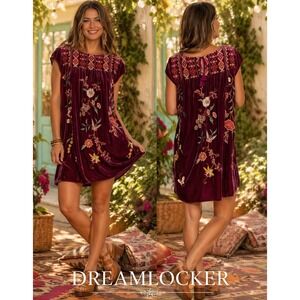 Johnny Was Suki Velvet Embroidered Boho Tunic Dress XL Floral Silk Blend Petal